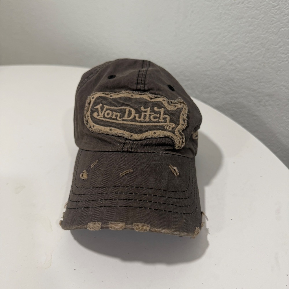 Von Dutch Originals Distressed Baseball Cap Grey Brown Leather Strap V7012001